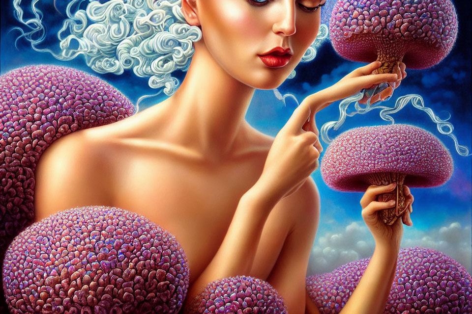 Surreal image of woman with fantastical mushrooms in vibrant purple setting