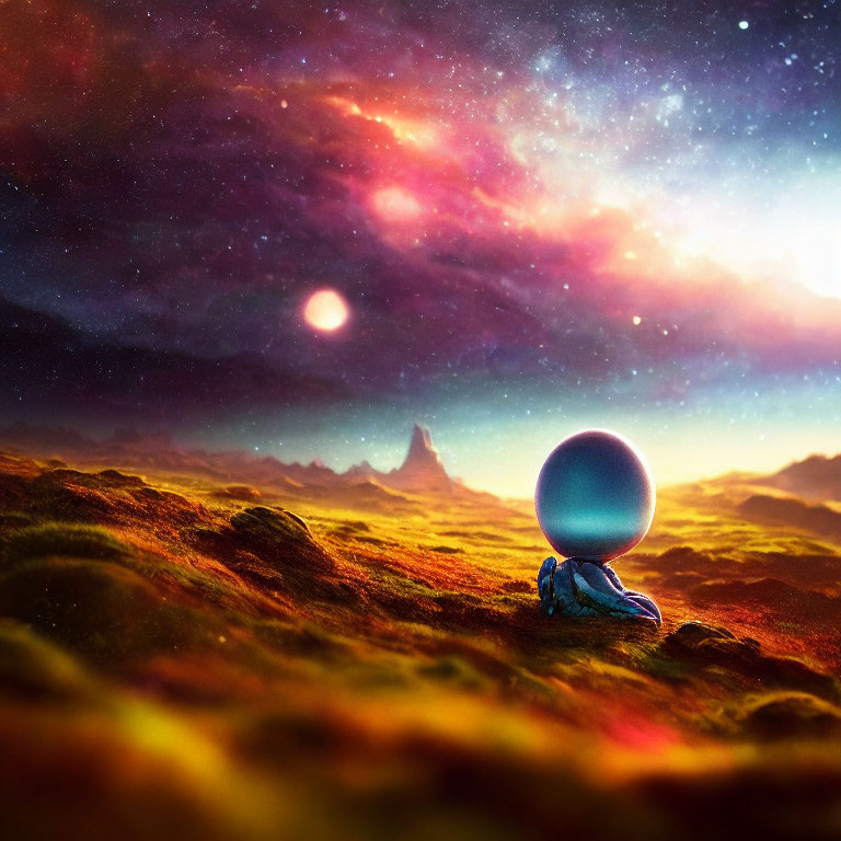 Surreal landscape with person under clear sphere, galaxies, red sun, mossy foreground