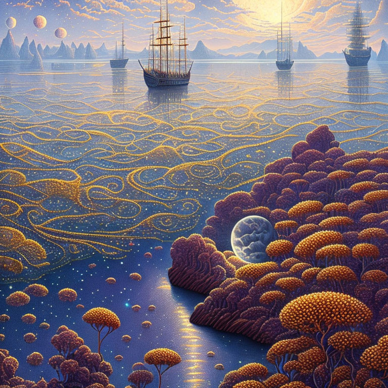 Patterned waves, sailing ships, coral formations, planets, and moon in surreal seascape