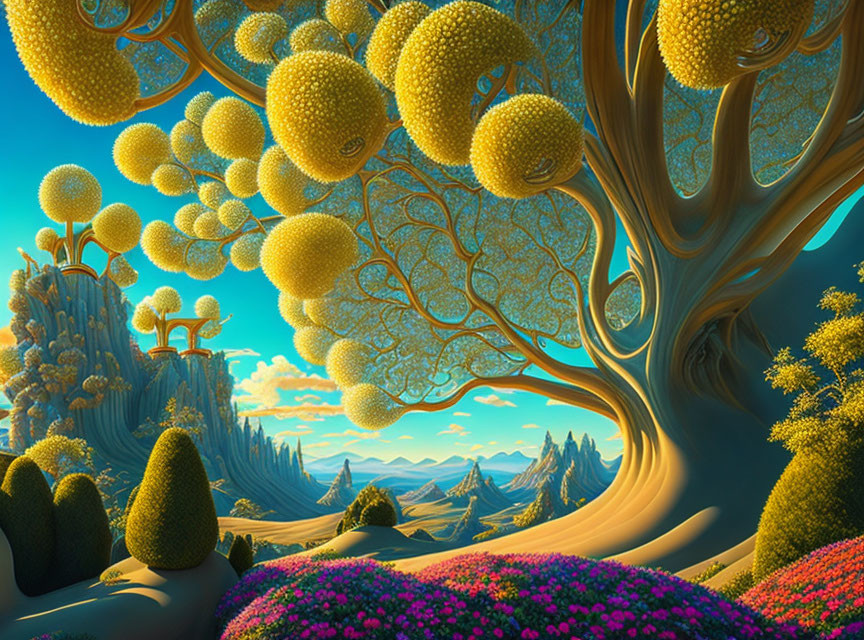 Vibrant, colorful flora under oversized tree-like structures in a fantastical landscape