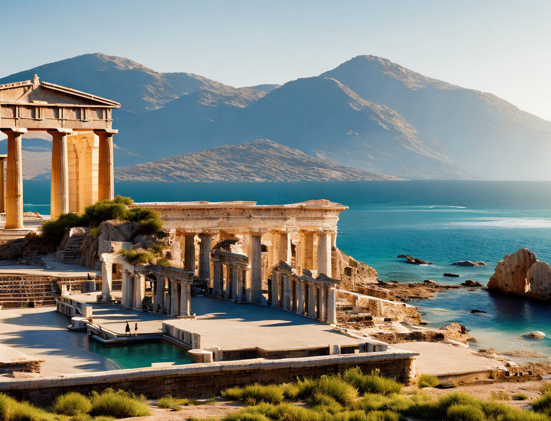 Ancient ruins near serene sea, mountains, clear sky