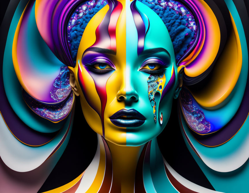 Colorful digital artwork of a woman with flowing hair patterns and shimmering skin textures.