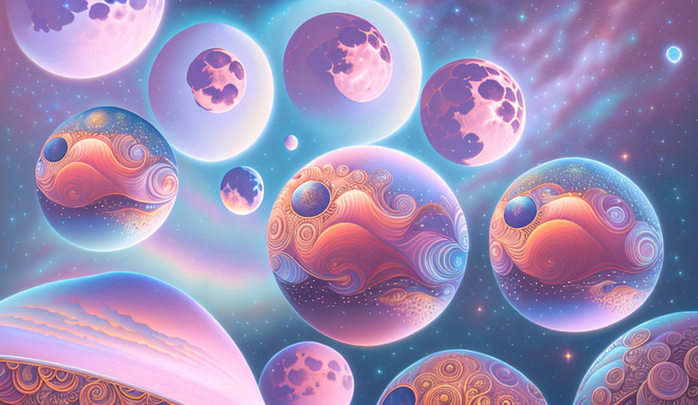 Vibrant digital art: Fantasy cosmos with patterned planets in purple, pink, and orange