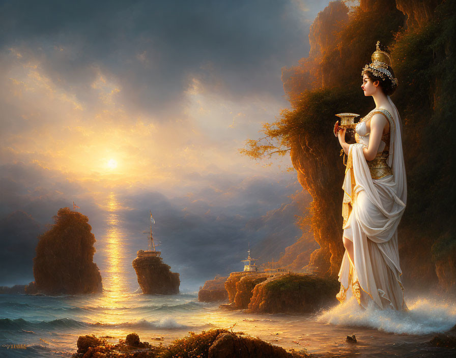 Ethereal woman in elegant attire by the sea at sunset with vessel, rocky outcrops,