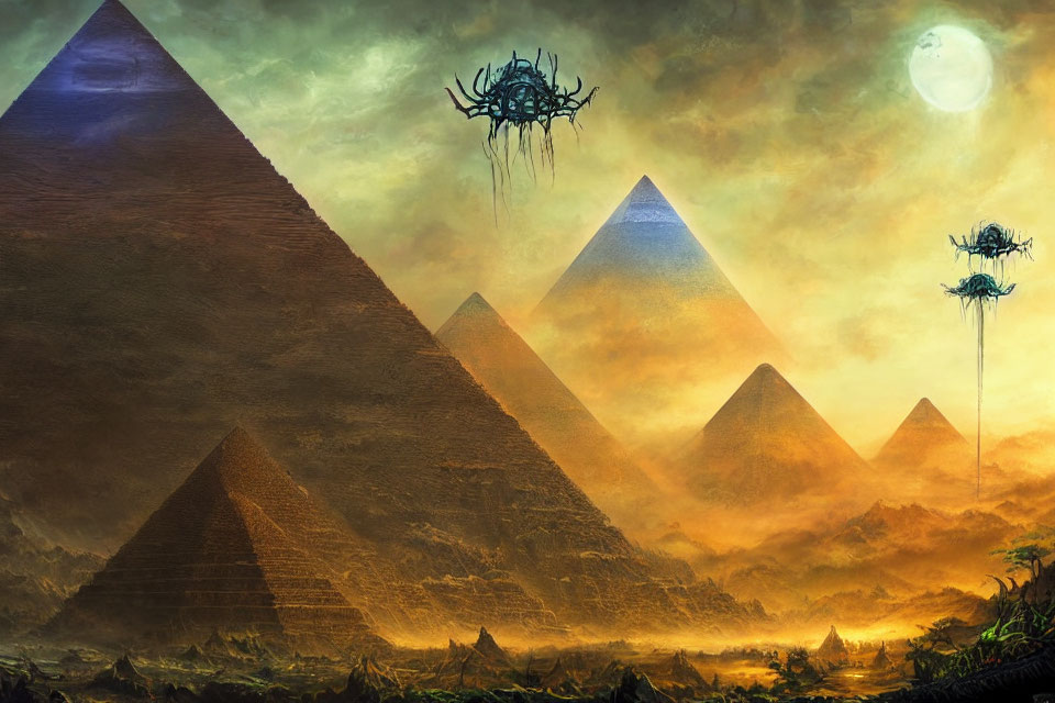 Futuristic pyramids and alien ships under ominous sky