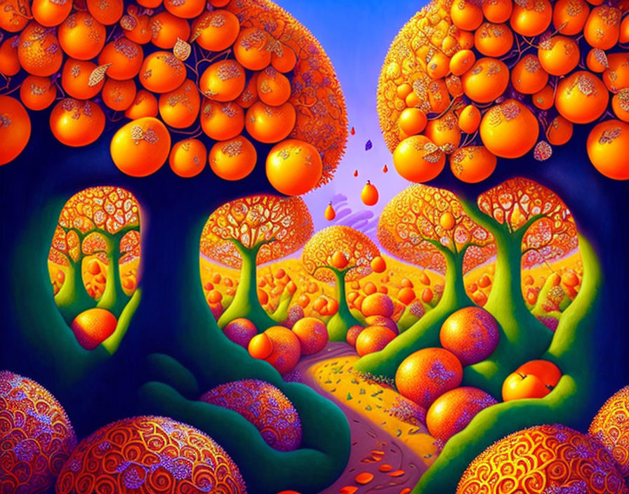 Surreal landscape with orange fruit trees against deep blue sky