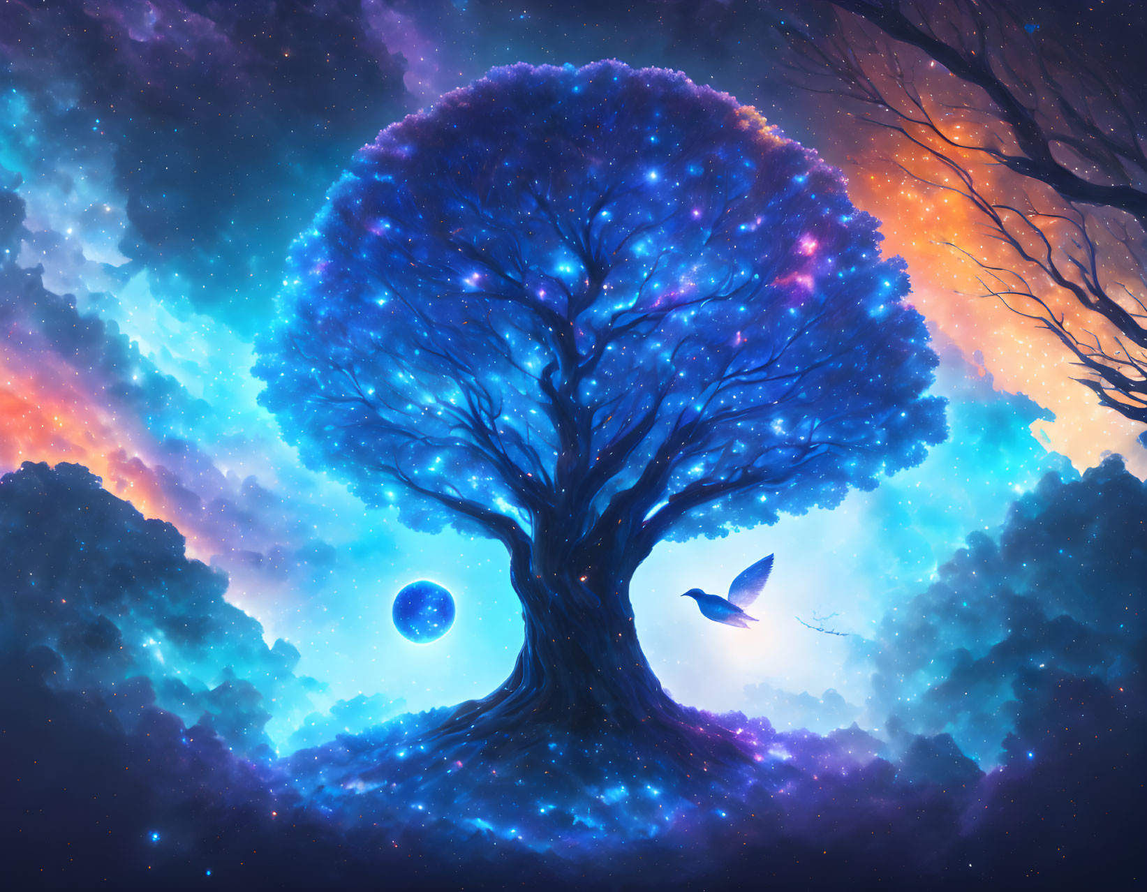 Vibrant illustration of solitary tree glowing blue under cosmic sky