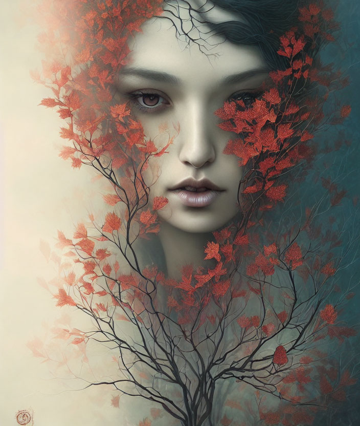 Illustration of Woman with Serene Expression Surrounded by Red Autumn Leaves