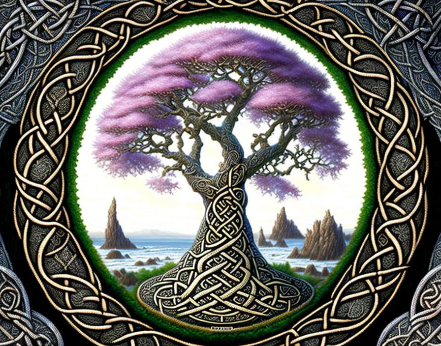 Intricate Celtic tree of life on coastal landscape