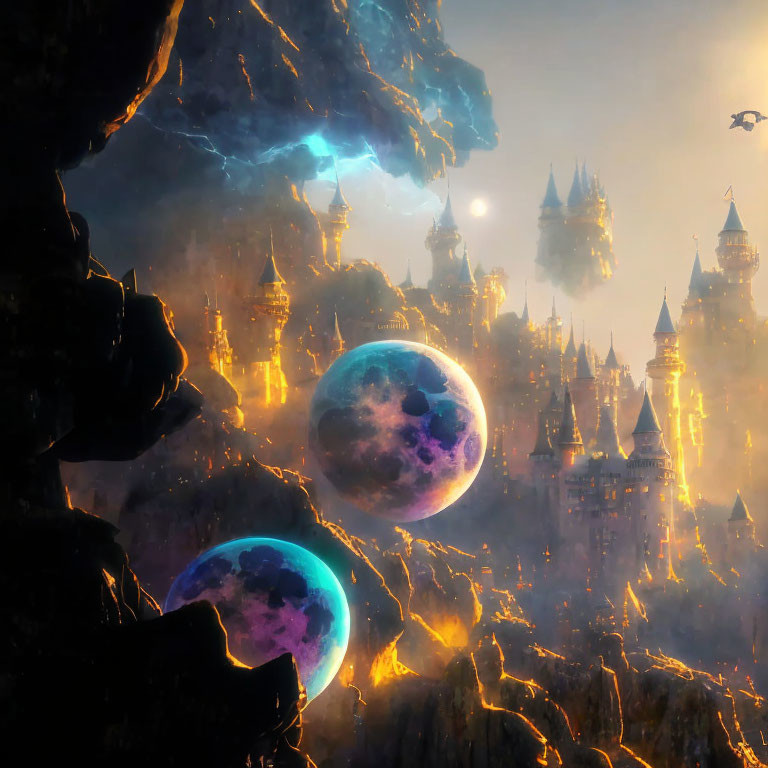 Mystical landscape with floating orbs, illuminated castles, molten lava, and celestial sky.