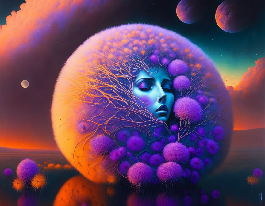 Surreal painting of female figure with purple tree halo in dreamy landscape