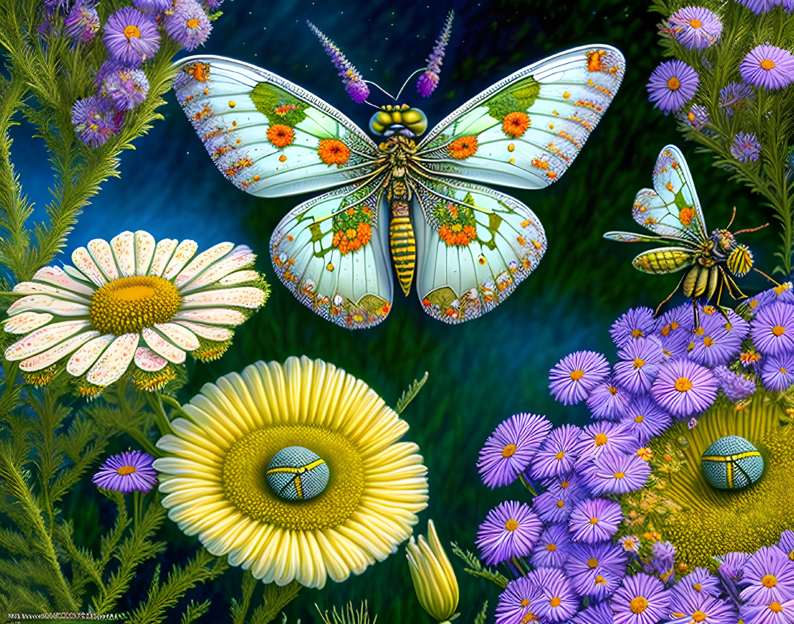 Colorful digital artwork: Stylish butterflies and daisies