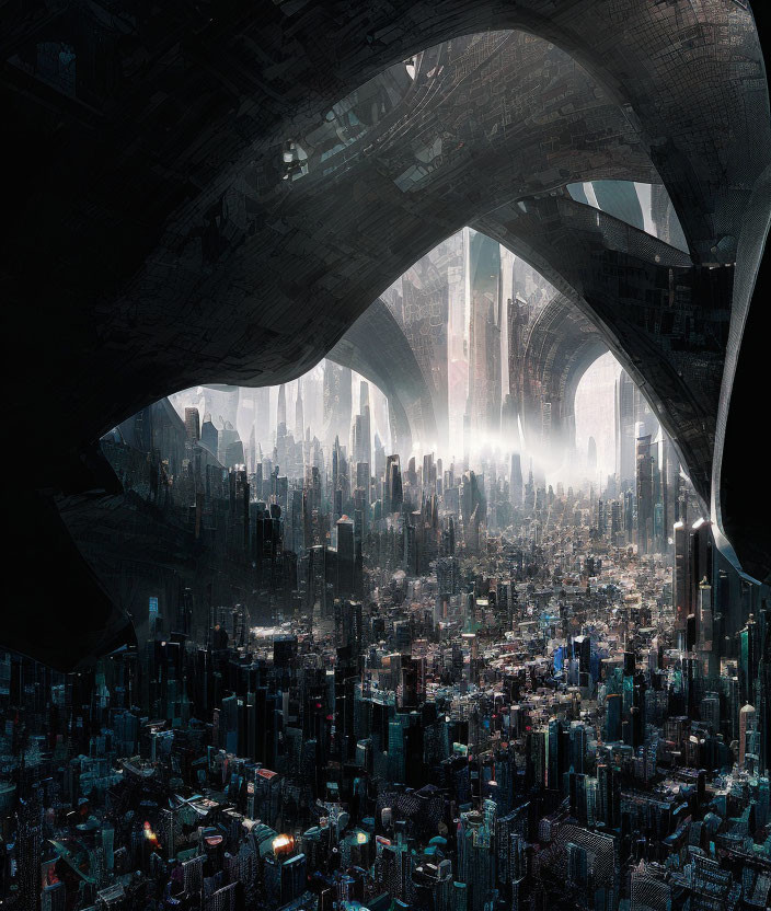 Futuristic cityscape with towering skyscrapers and arches in blue hues