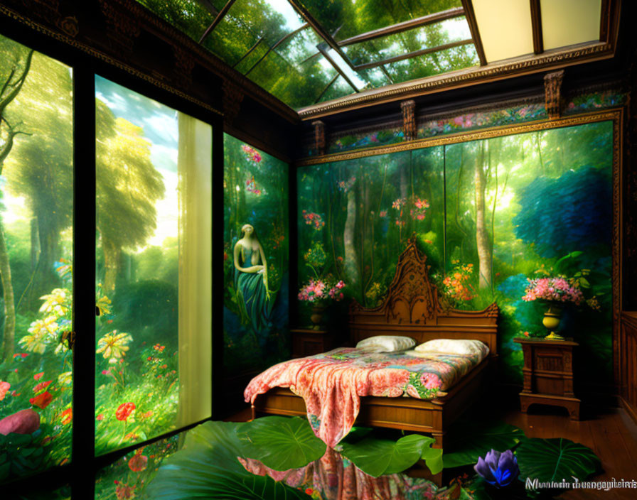 Glass-walled bedroom with garden view and floral bedding