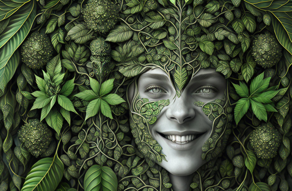 Surreal illustration: Face camouflaged in lush green foliage