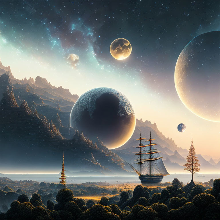 Surreal landscape with multiple moons, starry sky, ship, mountains, forests & exotic architecture