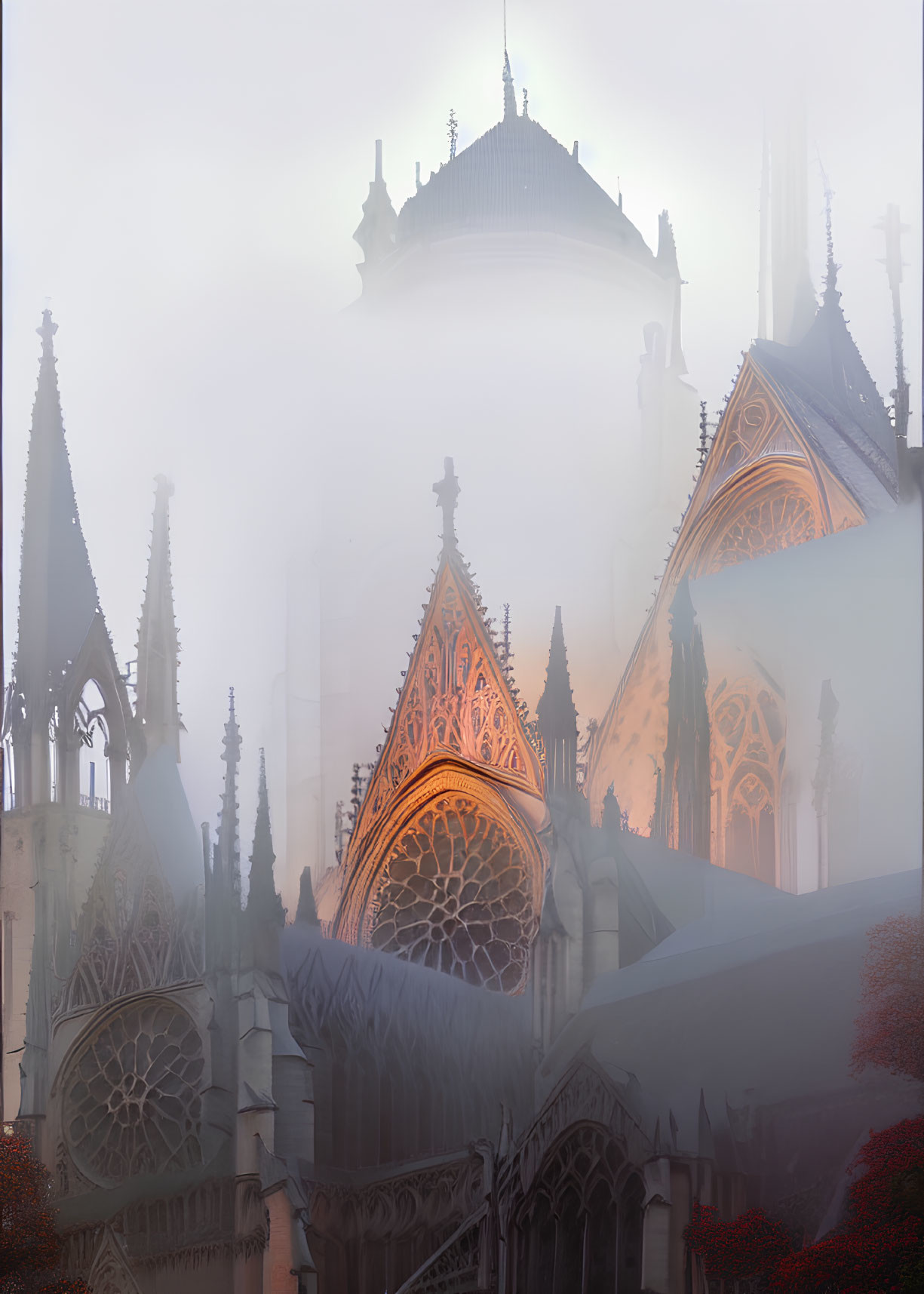 Gothic Cathedral with Stone Tracery and Rose Windows in Misty Setting