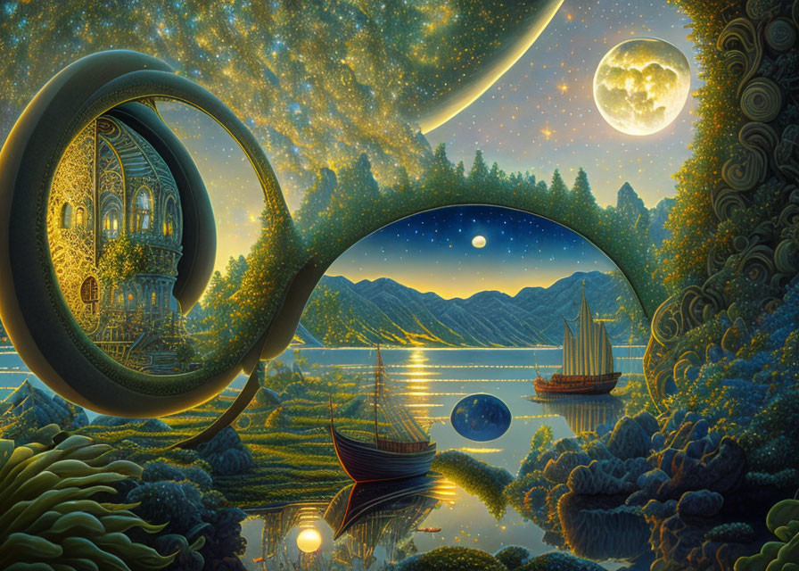 Luminous fantasy landscape with crescent moon, galaxy, round house, serene lake, sailboats