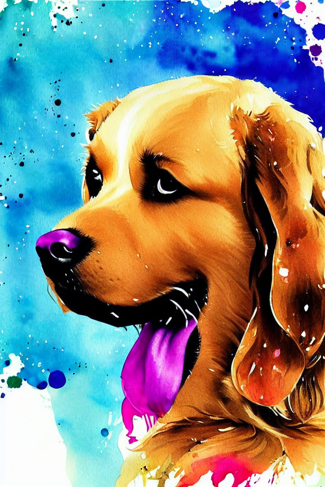 Colorful Watercolor Illustration: Golden Retriever on Blue Splattered Background