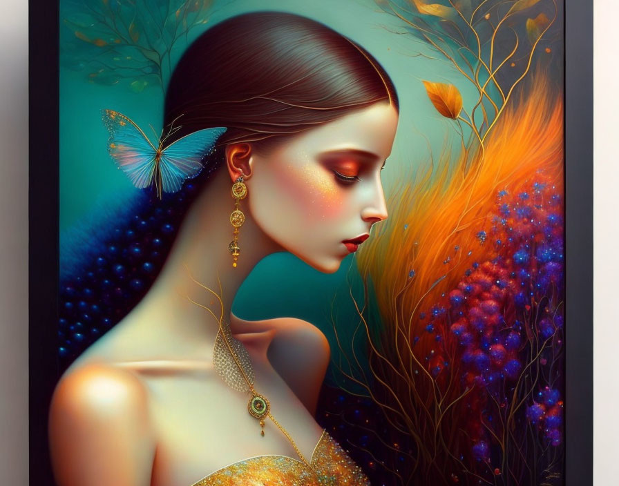 Fantasy-themed digital art portrait with peacock feather, vibrant flora, and butterfly.