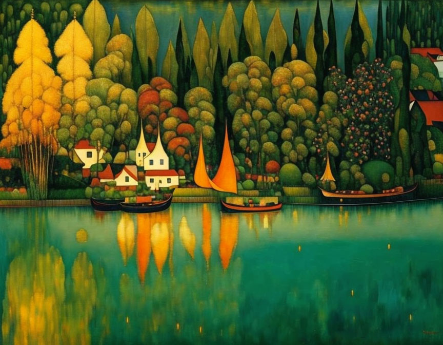 Tranquil river painting with boats, houses, and lush trees