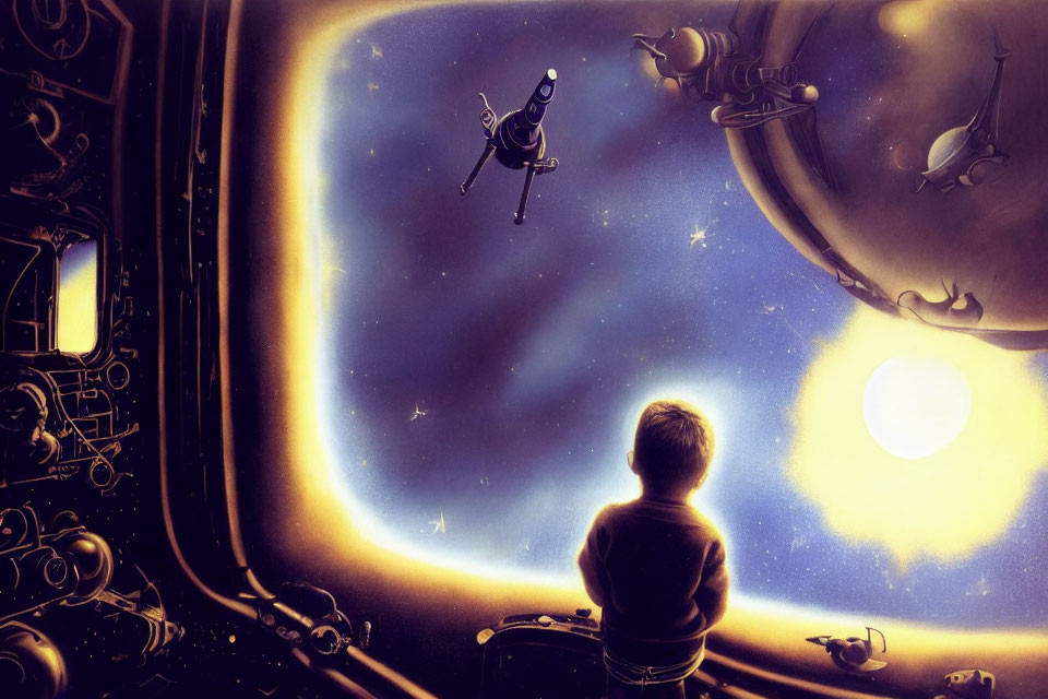 Child observing cosmic scene from spacecraft window