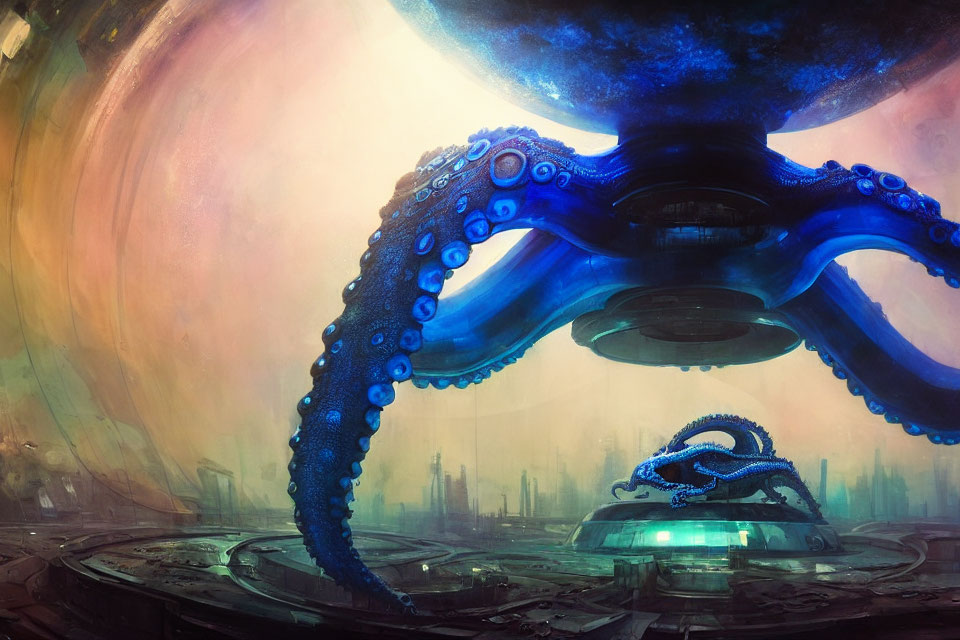 Giant blue octopus on alien structure under vibrant sky