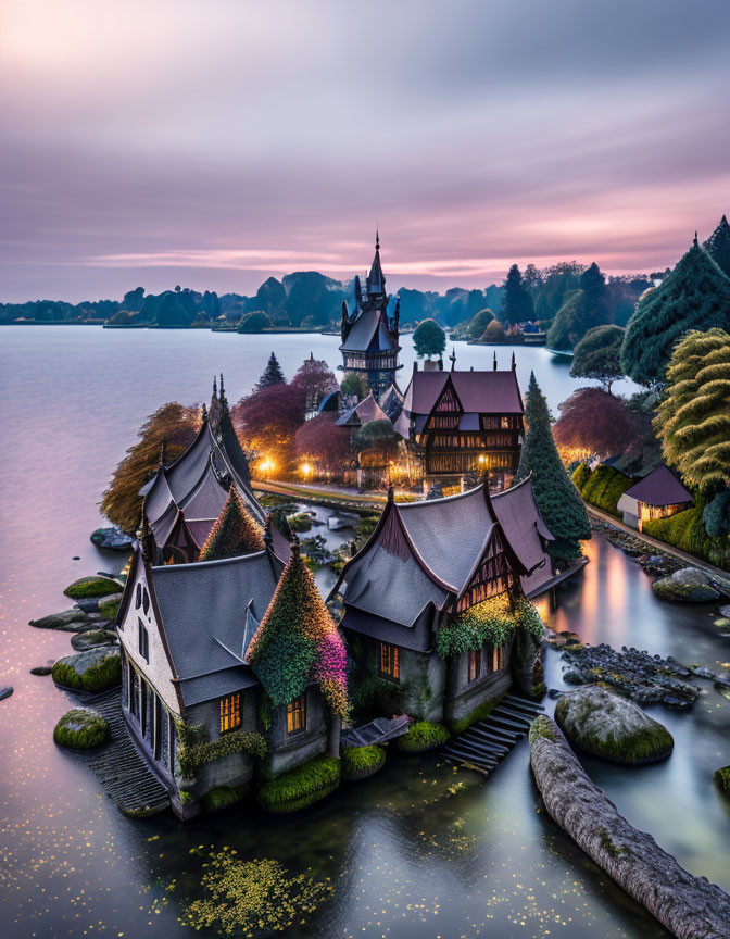 Castle with Pointed Roofs by Serene Lake at Sunset