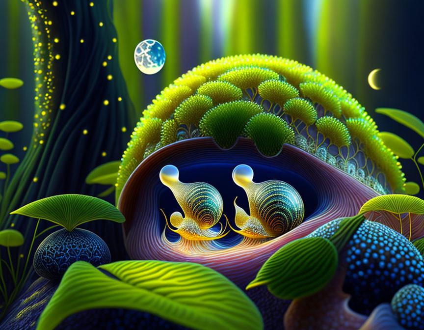 Fantasy ecosystem with alien creatures in glowing landscape