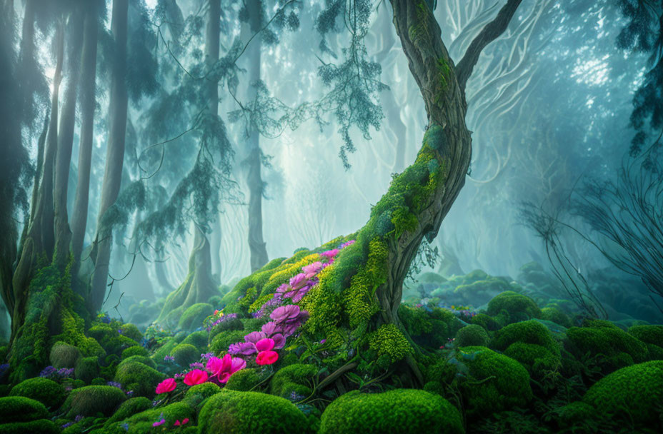 Enchanting forest with moss, flowers, fog, and ethereal light