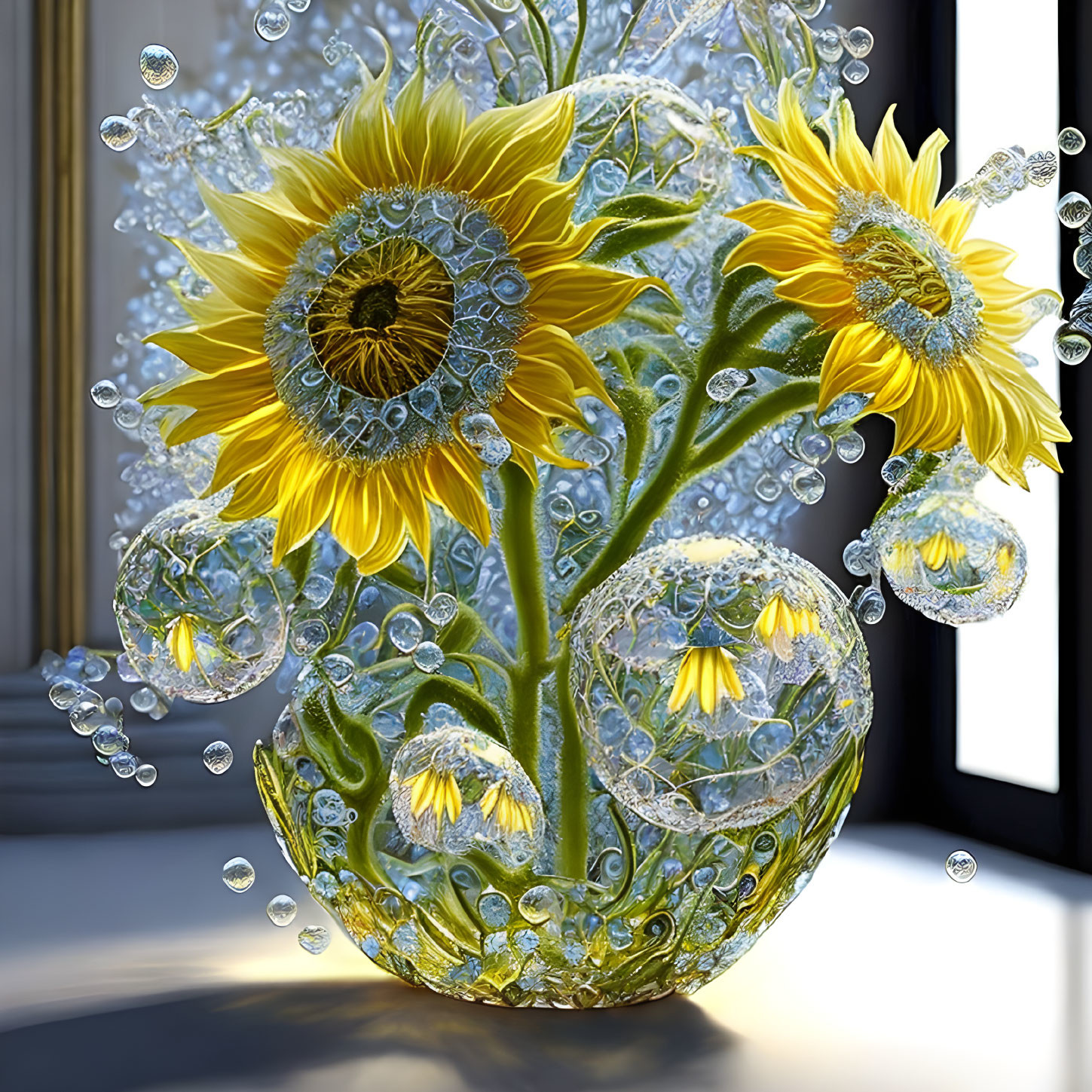 Sunflower bouquet in bubbles against window with shadows.