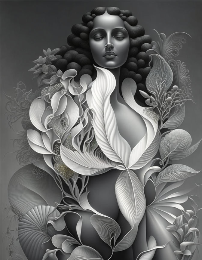 Monochromatic artwork featuring woman with floral patterns blending into hair.