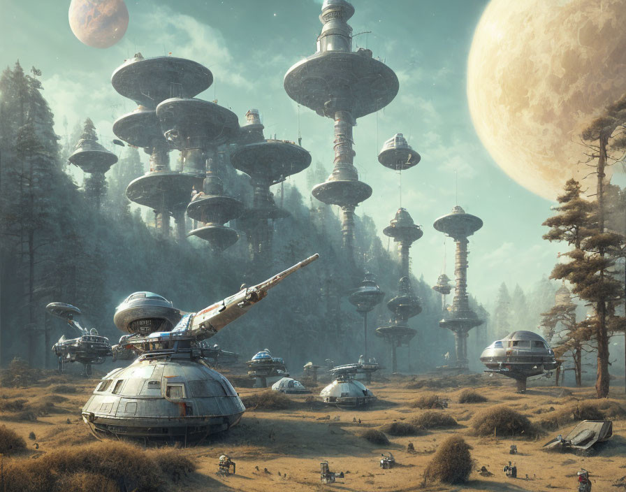 Futuristic sci-fi landscape with towering cities, spacecraft, and celestial bodies in forest clearing