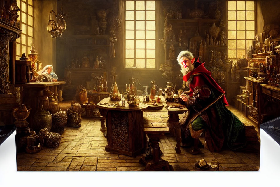 Alchemist in red cloak in candle-lit medieval laboratory