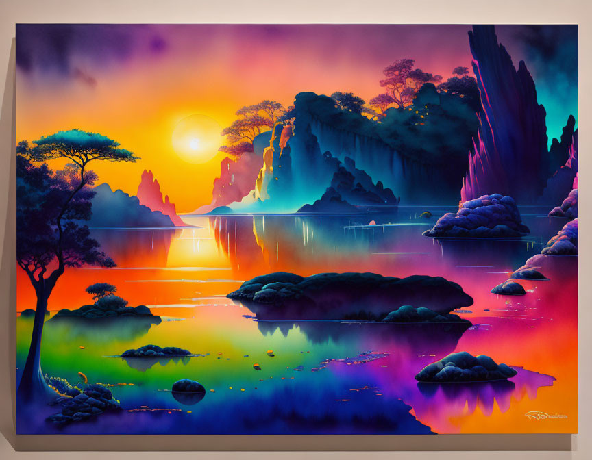 Colorful Sunset Landscape Painting with Reflective Water & Silhouetted Trees