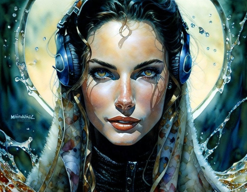 Vibrant digital painting of woman with headphones in water and light effects