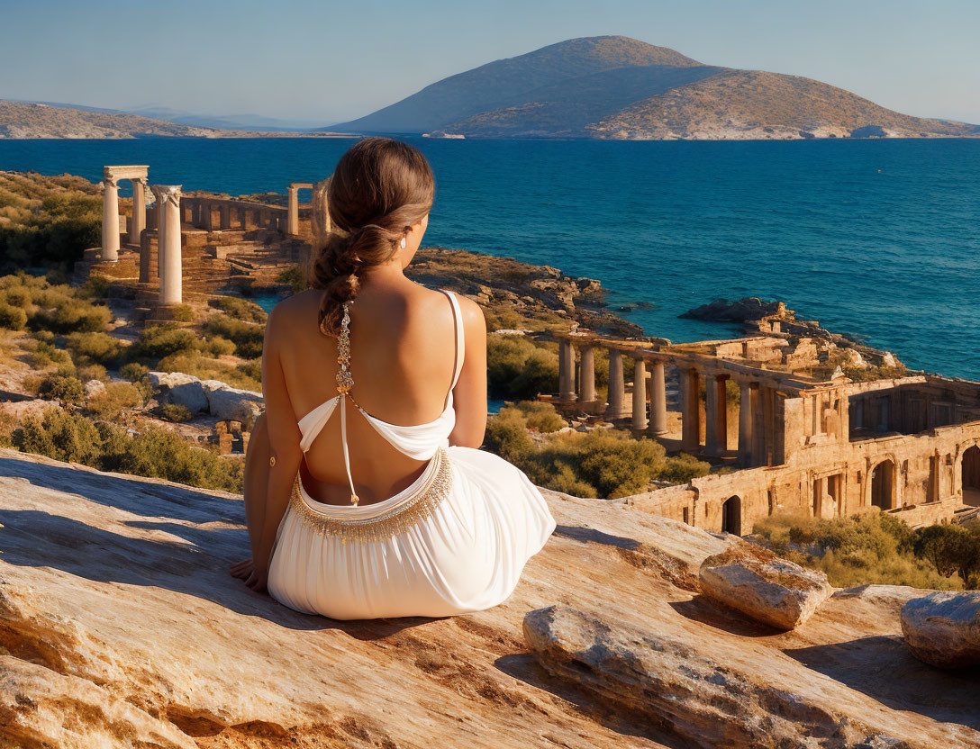 Woman in white dress overlooking ancient ruins by serene sea