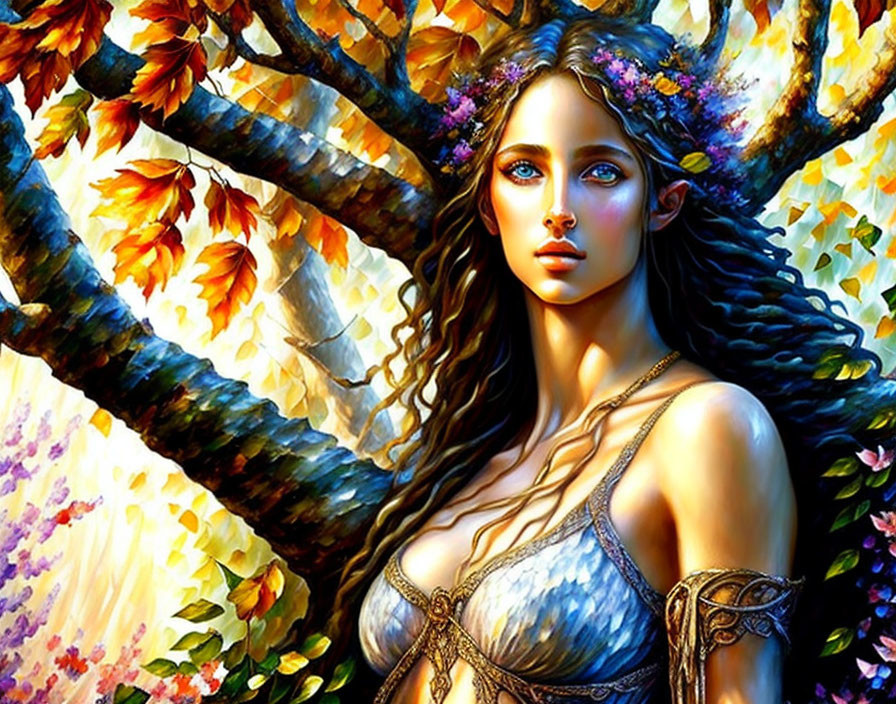 Fantasy illustration: Woman with floral crown in autumnal setting