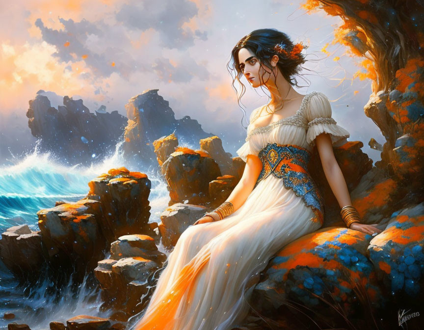 Woman in flowing dress sits on rocky outcrop by sea with crashing waves and orange sky.