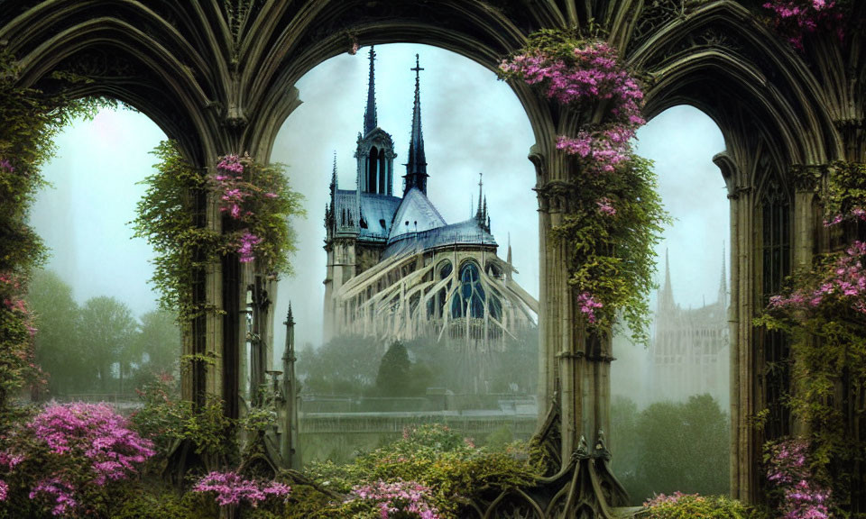 Gothic stone arches overlooking misty cathedral and lush greenery with purple flowers.