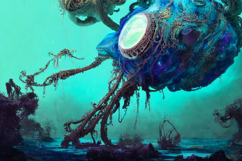 Bioluminescent creature in mystical aqua-toned landscape with ornate features