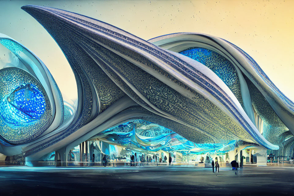 Futuristic organic-shaped building with glowing blue elements at twilight