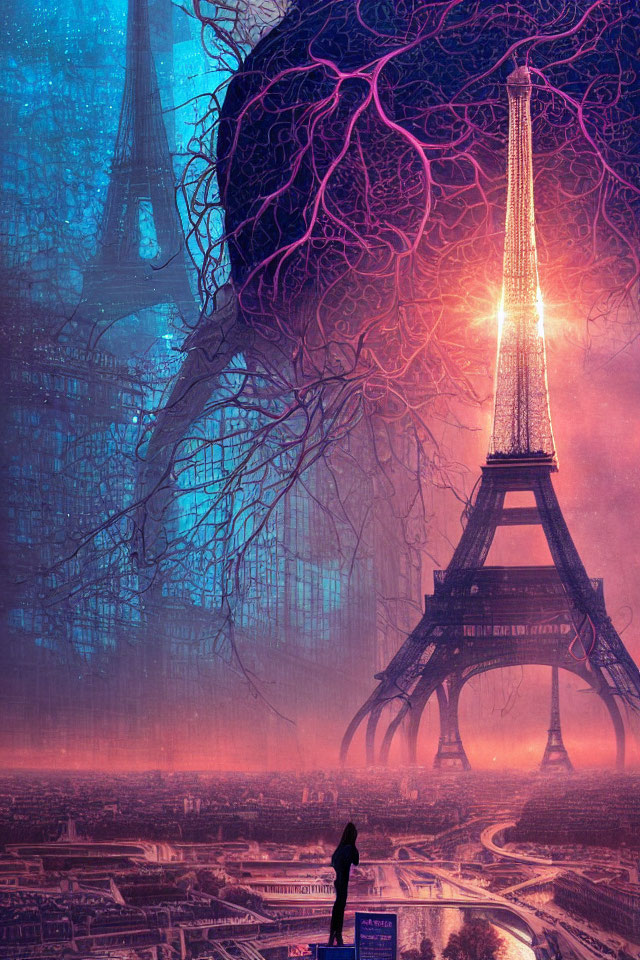 Futuristic Eiffel Tower with vivid blue and pink hues in twilight sky