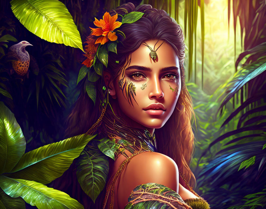 Digital art portrait of woman with floral and leaf motifs in lush jungle setting.