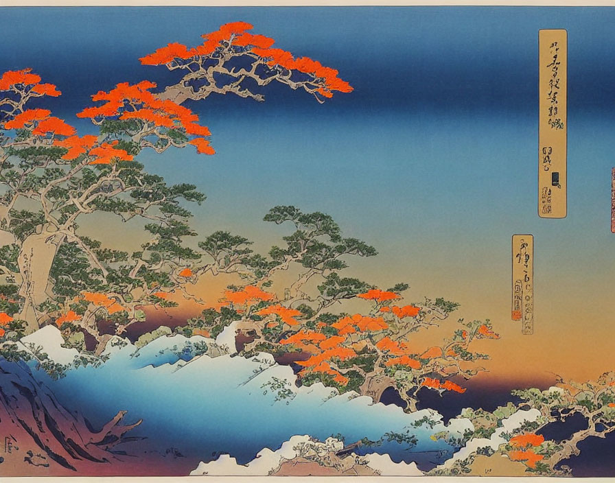 Japanese woodblock print: Vibrant orange foliage, serene blue background, snow-covered branches, and Japanese