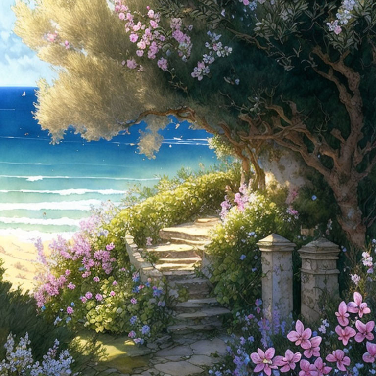 Tranquil coastal landscape with stone path, beach, shrubs, and tree