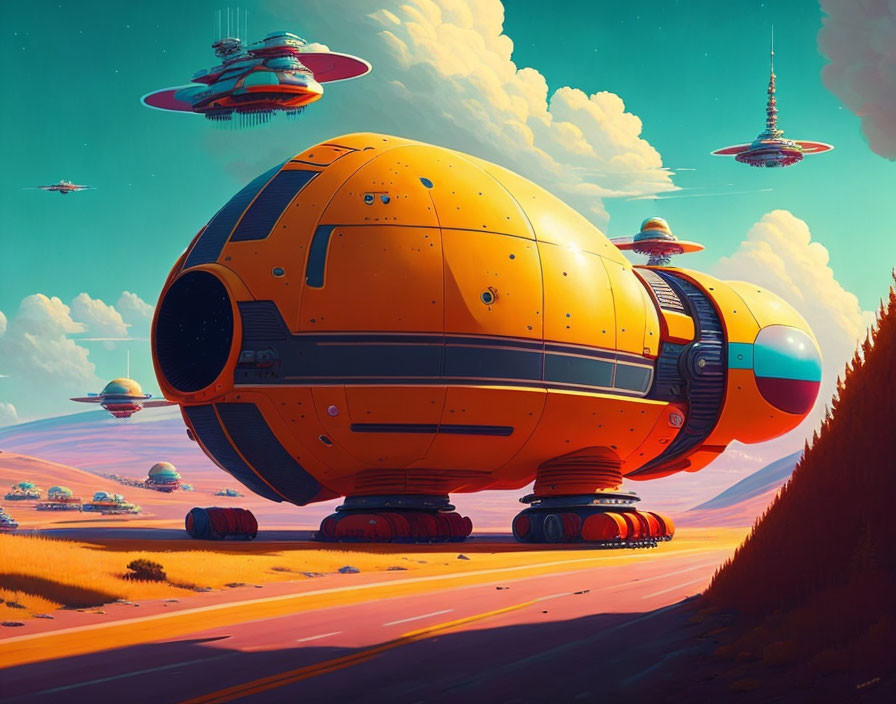 Colorful retro-futuristic spaceship illustration with orange oval craft landing among flying spacecraft