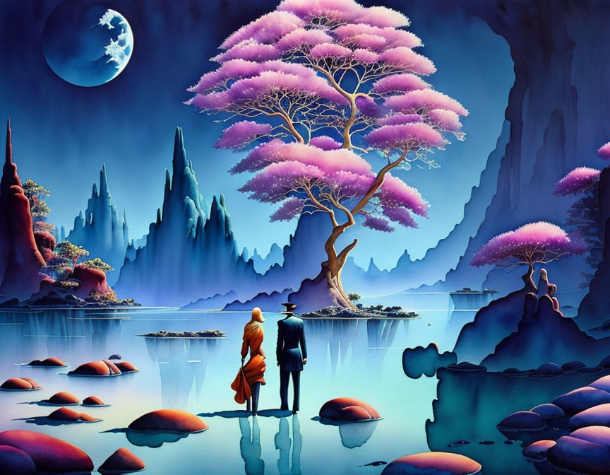 Fantasy night landscape with couple by luminous lake and pink tree