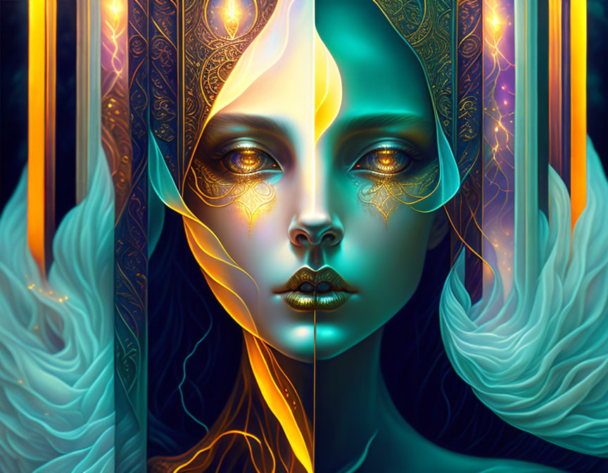 Symmetrical digital artwork: Woman with blue skin, golden tattoos, glowing eyes, and swirling hair on