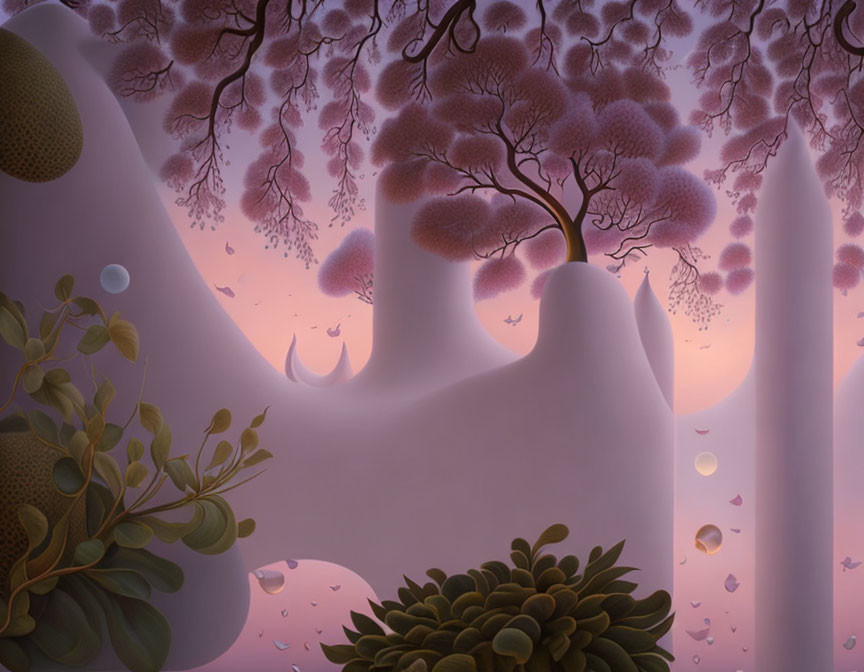 Whimsical pink trees and undulating purple hills in surreal landscape